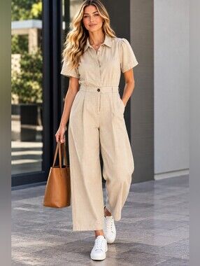 MNG Mango Beige Linen Blend Utility Jumpsuit Size  Small Wide Leg Collared